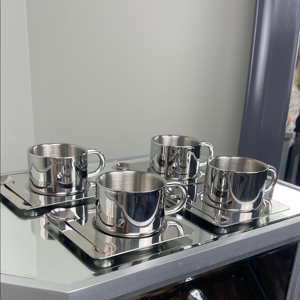 LoveEcru Venice Mirror Coffee Cup Set 5.5oz w/ Saucer & Spoon Luxe Set of 4
